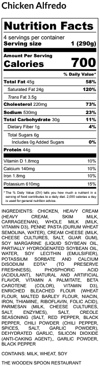 Chicken Alfredo - Nutrition Label 1 - The Wooden Spoon