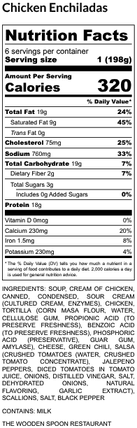 Chicken Enchiladas - Nutrition Label 1 - The Wooden Spoon