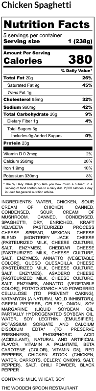 Chicken Spaghetti - Nutrition Label 1 - The Wooden Spoon