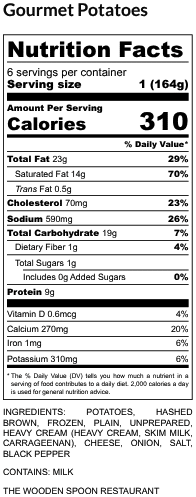 Gourmet Potatoes - Nutrition Label 1 - The Wooden Spoon